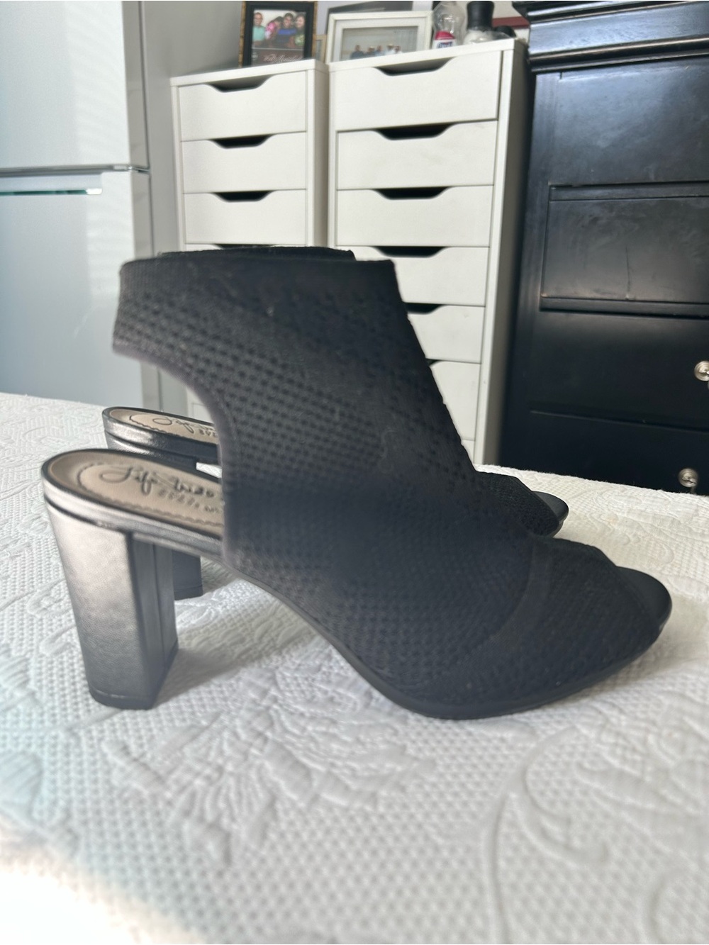 New Life Stride Black Knit Open-Peep Toe Block Heels